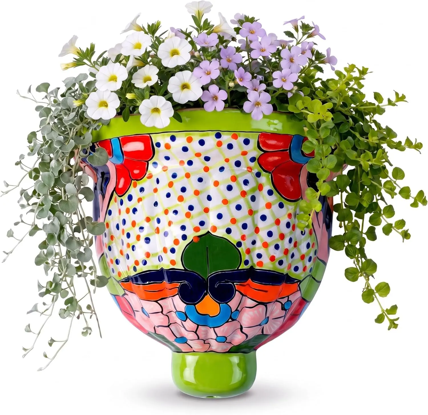 Talavera Wall Planter - Handmade Mexican Hanging Pot (Green-Large) | Hand painted by artisans. Glazed finish. Indoor or outdoor use. Mounts easily on walls, fences and patios.