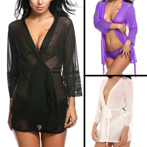 Women Lace Sheer See-through Sexy Lingerie Short Kimono Robe Mesh Nightgown Tops WIth Belt