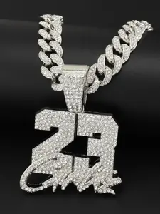 Men's Miami 23 Number Pendant Necklace, Zinc Alloy Chain, Hip Hop Fashion Jewelry with Rhinestones, Rhinestone Embellished, Trendy Accessory for Stylish People