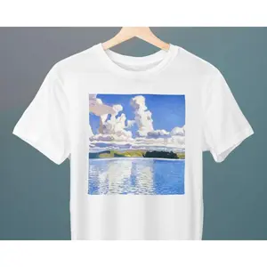 Men's artistic landscape with clouds and water Graphic T-Shirt - Short Sleeve Crew Neck Regular Fit Casual Wear | Soft & Breathable Fabric, Durable Print, Everyday Comfort, Machine Washable, impressionist painting a serene lakeside view under a sky filled