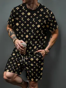 Men's 2 Piece Summer Outfits Black Gold Graphic Geometric Star Monogram Print Short Sleeve T‑Shirts Drawstring Casual Shorts Set