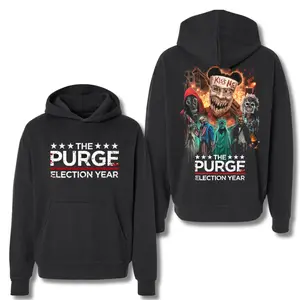 The Purge: Election Year Hoodie – Graphic Pullover Featuring Horror Mask Characters, Perfect Halloween Streetwear for Fans of The Purge Franchise, 2 Sides.