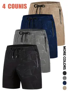 Men’s outdoor quick-dry drawstring shorts 4-piece set with stylish prints; casual athletic design; quick-drying, breathable, stretchy fabric; zippered pockets; suitable for running, fitness, cycling, hiking, swimming, and outdoor activities.