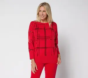 Denim & Co. Plaid Sequin Boat Neck Bracelet Sleeve Sweater