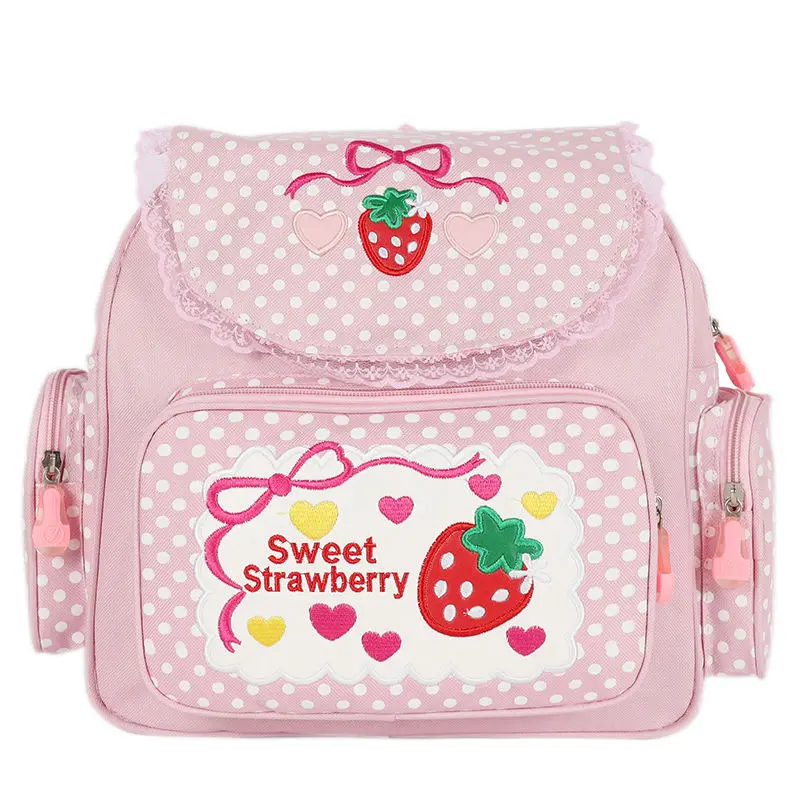 Kawaii Strawberry Embroidered Backpack for Teen Girls, Preppy Polka Dot Lightweight Water-Resistant Bookbag for School and Travel, Backpacks For School, Cute Backpacks For School