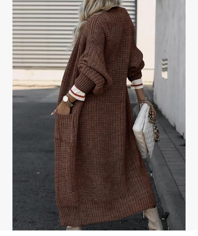 Long Cuff Sleeve Open Front Knit Long Duster Coat With Pockets