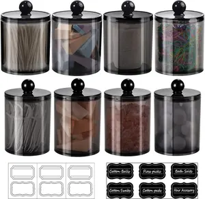 8 Pack Qtip Dispenser Apothecary Jars Bathroom Set with Labels - Black Plastic Qtip Holder Storage Set for Cotton Ball,Cotton Swab,Cotton Rounds,Floss Picks,Hair Clips,Hair Ties(Black,15oz & 12oz)