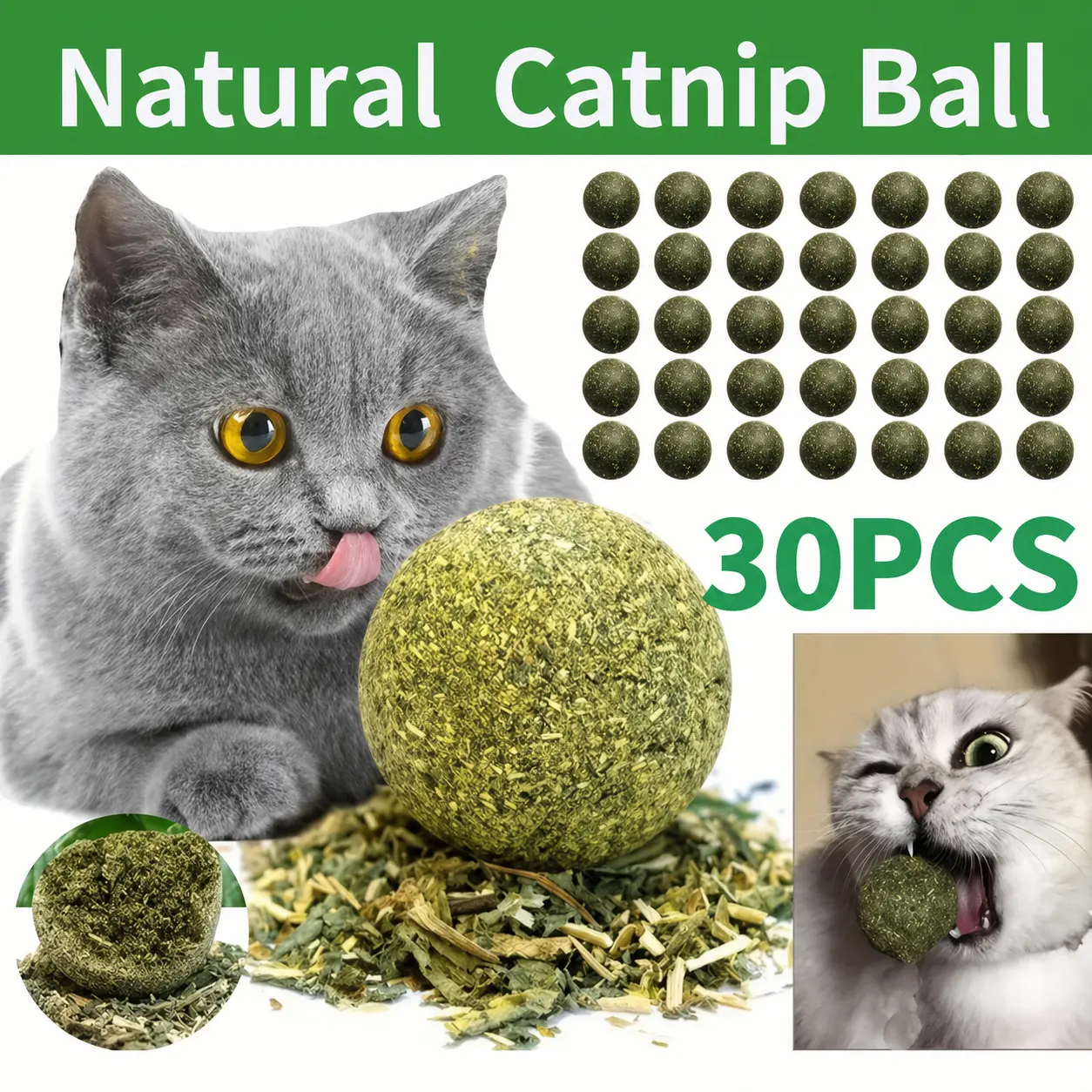 (30PCS) Natural Catnip Balls for Cats, Pet Herb Ball, Cat Grass Chew Ball, Molar Stick Cat Snack, Interactive Cat Toy, Kitten Teaser Chew Toys, Pet Supplies