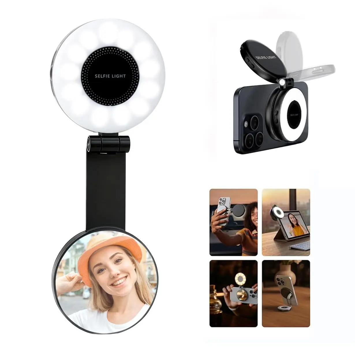 MagSafe Magnetic Selfie LED Fill Light for iPhone 16, Smartphone, Cellphone, Android Accessories - 360° Rotatable, 3 Color Temperatures, Rechargeable, Portable with Mirror & Phone Stand for Makeup, Live Streaming