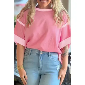 Peach Blossom Color Block Patchwork Plus Size Top