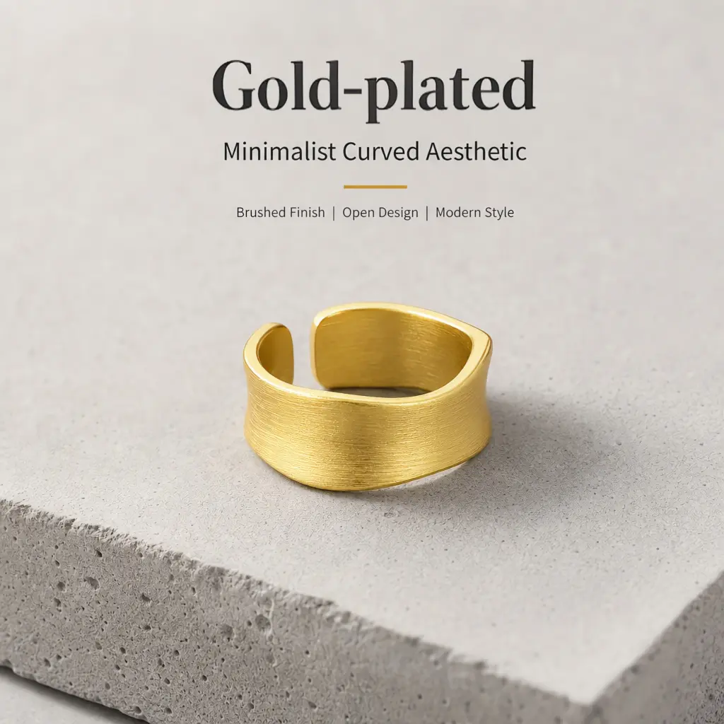 Brushed Texture Wavy Open Adjustable Band Ring, Premium Gold Plated Wide Finger Jewelry, Minimalist Vintage Stackable Accessory Gift for Women