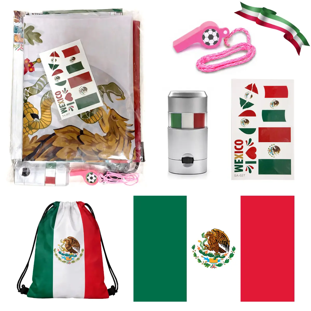 2026 Mexico Flag Soccer Fan Cheering Kit 5Piece Fan Gear Set, 3x5 FT Mexico Flag, Drawstring Bag, Whistle, stadium face paint/Tattoo Stickers ,Ultimate Supporter Gift International Sports Event 2026 Gear