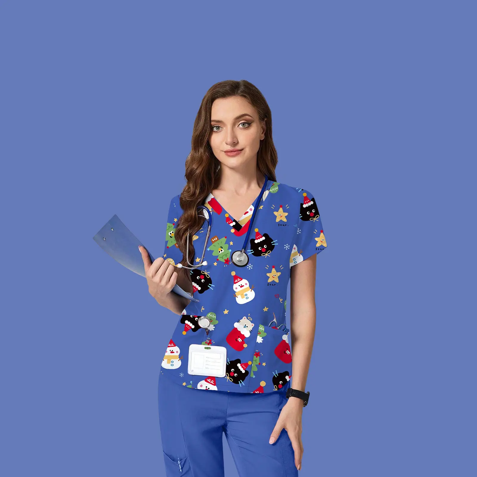 Cimmuovere Women's V-Neck Short-Sleeved Christmas Scrubs with Cartoon Print & Pockets for Nurses Dentists Healthcare Professionals Blue 100% Polyester