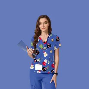 Cimmuovere Women's V-Neck Short-Sleeved Christmas Scrubs with Cartoon Print & Pockets for Nurses Dentists Healthcare Professionals Blue 100% Polyester
