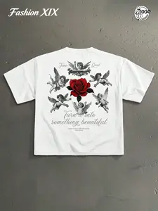 Men & Women White 100% Cotton Oversized T-Shirt with Cherub Angels & Red Rose Graphic Print, "Turn It Into Something Beautiful" Quote, Summer Casual Loose Streetwear Tee for Everyday Wear