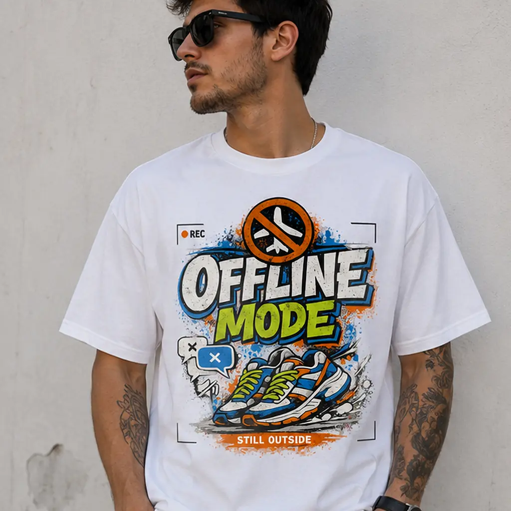 Men's Offline Mode Still Outside Graphic T-Shirt, White Short Sleeve Crew Neck Tee, Colorful Sneaker and Digital Detox Print, Retro Urban Streetwear Top, Casual Gift for Men