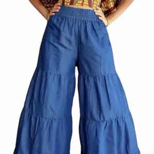 Denim Palazzo Pants - High-Waisted, Loose-Fitting, Tiered Design, Comfortable & Stylish, Perfect for Casual Wear