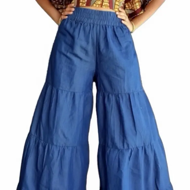 Denim Palazzo Pants - High-Waisted, Loose-Fitting, Tiered Design, Comfortable & Stylish, Perfect for Casual Wear