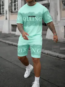 Men's Summer 2-Piece Set American Gradient Letter Print Quick-Dry Breathable Sports Suit, track suits, Fitness Vacation Wear, Comfortable Gym