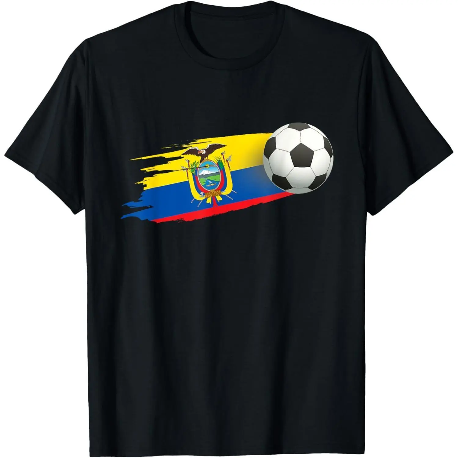 Funny Ecuador Pride Short Sleeve Shirt, Paint Stroke Ecuador Flag With Soccer Ball Print Black Tee, Casual National Team Apparel Gift For Ecuadorian Men Women Football Supporters