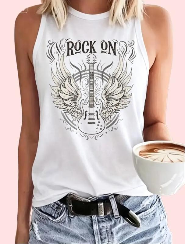 Women's Rock On Wing Guitar Retro Rock Graphic Polyester Tank Top - Angel-Themed Sleeveless Tee with Quality Fabric, Matching Leather Accents for Everyday Casual Wear (Pairs with Denim Skirts), Lightweight, Print