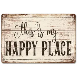 Vintage Rustic Metal Tin Sign Featuring "This Is My Happy Place" Design Durable Wall Decor for Indoor and Outdoor Use Ideal Gift for Gardeners and Home Decor Enthusiasts