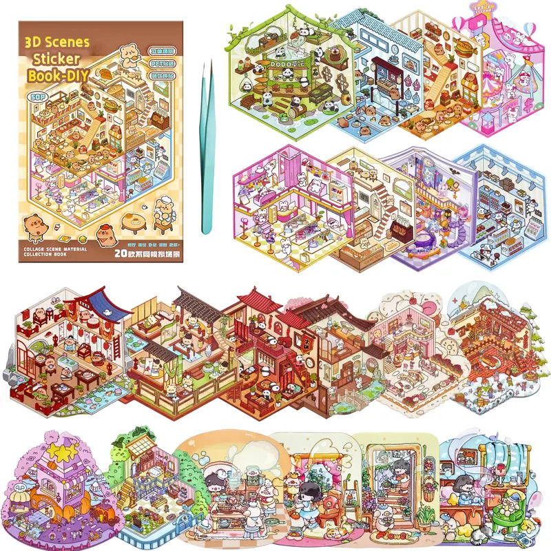20 Sets DIY 3D House Stickers Scene Collection Book for Kids Adults, with Tweezers Make Your Own Shop House Stickers Therapy for Adult Relief Stress