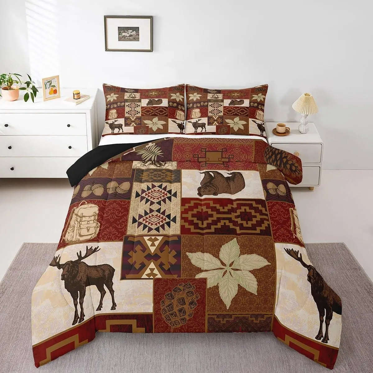 Feelyou Buffalo Plaid Breathable Comforter Set - Comfy Household Pattern Bedding & Quilt Set with Animals (Bear, Elk, Deer), Fall Leaves, Pine Cones, Hunting Motif, Cabin Theme Bedroom Decor, Machine Washable, Comfy Bedding Set