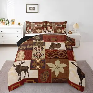 Buffalo Plaid Comforter Set,Cabin Decor,Bear Elk Deer Wild Animal Bedding Sets, Fall Leaves Pine Cones Insert Wildlife Hunting Theme Quilt Duvet