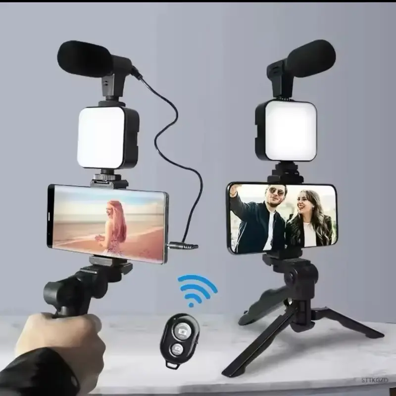 Smartphone Vlogging Kit with Tripod Phone Holder, Mini Microphone, LED Fill Light, and TikTok Support for Selfie and YouTube Live Streams - Cellphone