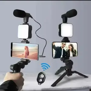 Smartphone Vlogging Kit with Tripod Phone Holder, Mini Microphone, LED Fill Light, and TikTok Support for Selfie and YouTube Live Streams - Cellphone