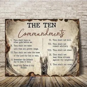 1pc Office Supplies Decorative Pattern Vintage Canvas Wall Jesus Painting Wooden Background Ten Commandments Wall Art Canvas Inspirational Wall Decoration Religious Home Decor - Ready to Hang