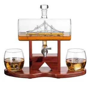 Whiskey Decanter Set, Liquor Dispenser for Home Bar, Crystal Glass - 1250ml Ship & 2 Whiskey Glasses Beautiful Stand, Gift for Dad, Husband or Boyfriend - The Wine Savant 100% Lead-Free