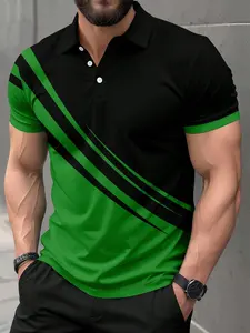 Men's Diagonal Stripe Colorblock Short Sleeve Polo Shirt, Casual Business Daily Top, Geometric Patch Design, Breathable Summer Wear