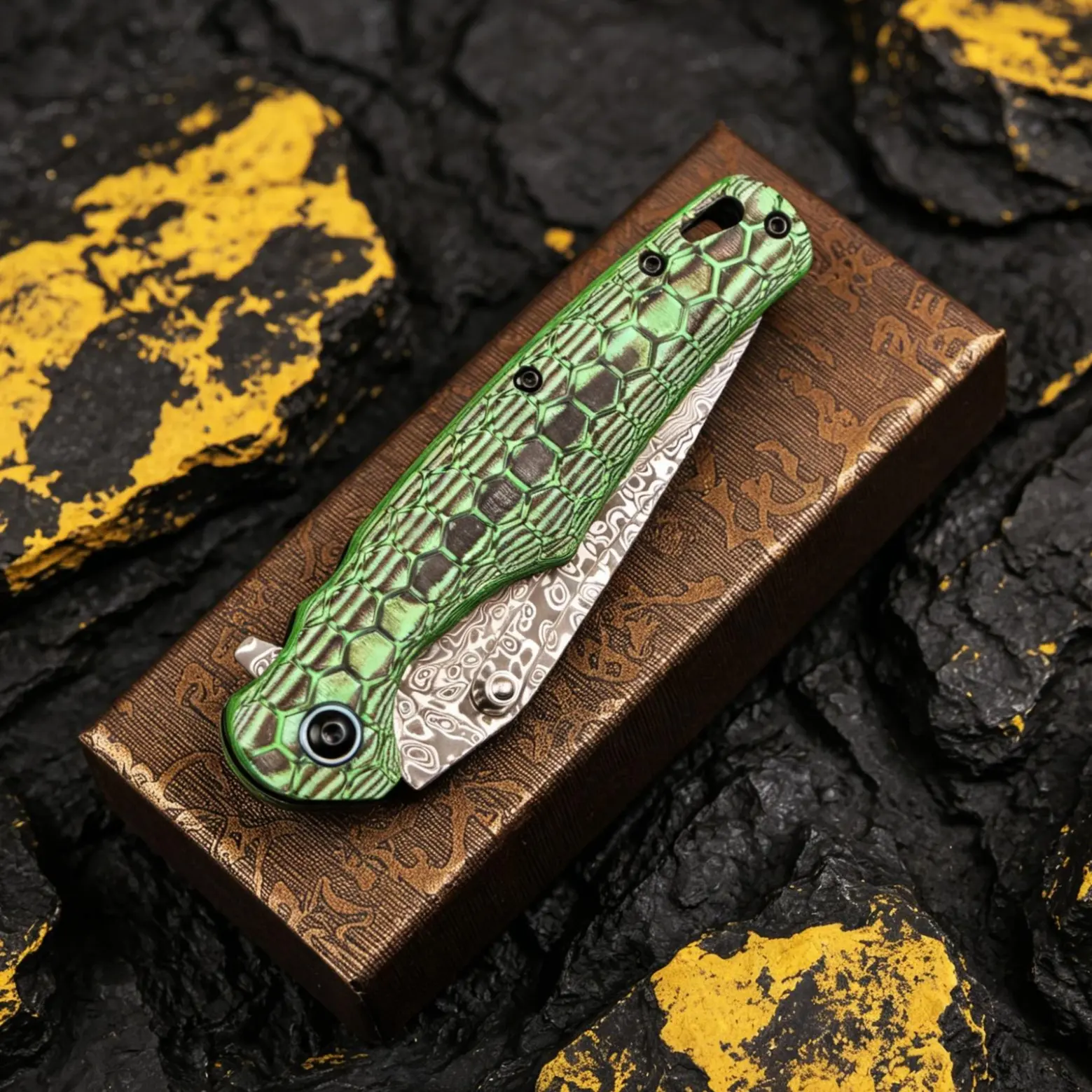 Damascus Steel Folding Pocket Knife - Green Snake Scale Texture Handle, Foldable Kitchen & Camping EDC Tool, Sharp Utility Knives, Folding Pocket Knives, Outdoor Folding Tool