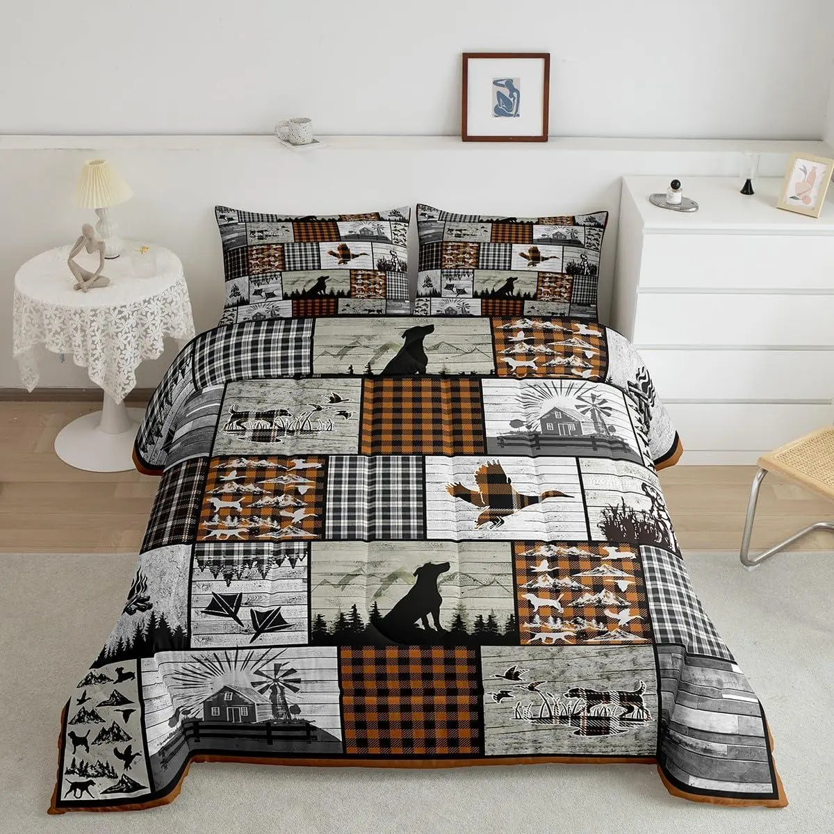 Hunting Dog Bedding Set Plaid Rustic Cabin Comforter Set Mallard Duck Comforter Geometric Checkered Camping Hunting Duvet Set