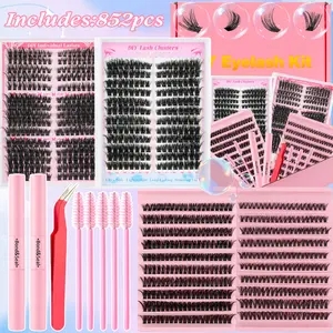 Mixed Length False Eyelash Set Slim Lash Clusters D-Curl 9-16mm Mixed Lengths Complete Lash Extension Kit With Bond & Seal, Remover, Tweezers & Brush wispy Natural DIY Flawless