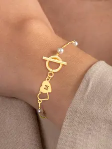 Women's Heart Initial Bracelet, Classic Fashion OT Clasp Pearl Chain, Fashion Jewelry for All Seasons, Artificial Pearls Design, Initial Charm Bracelets