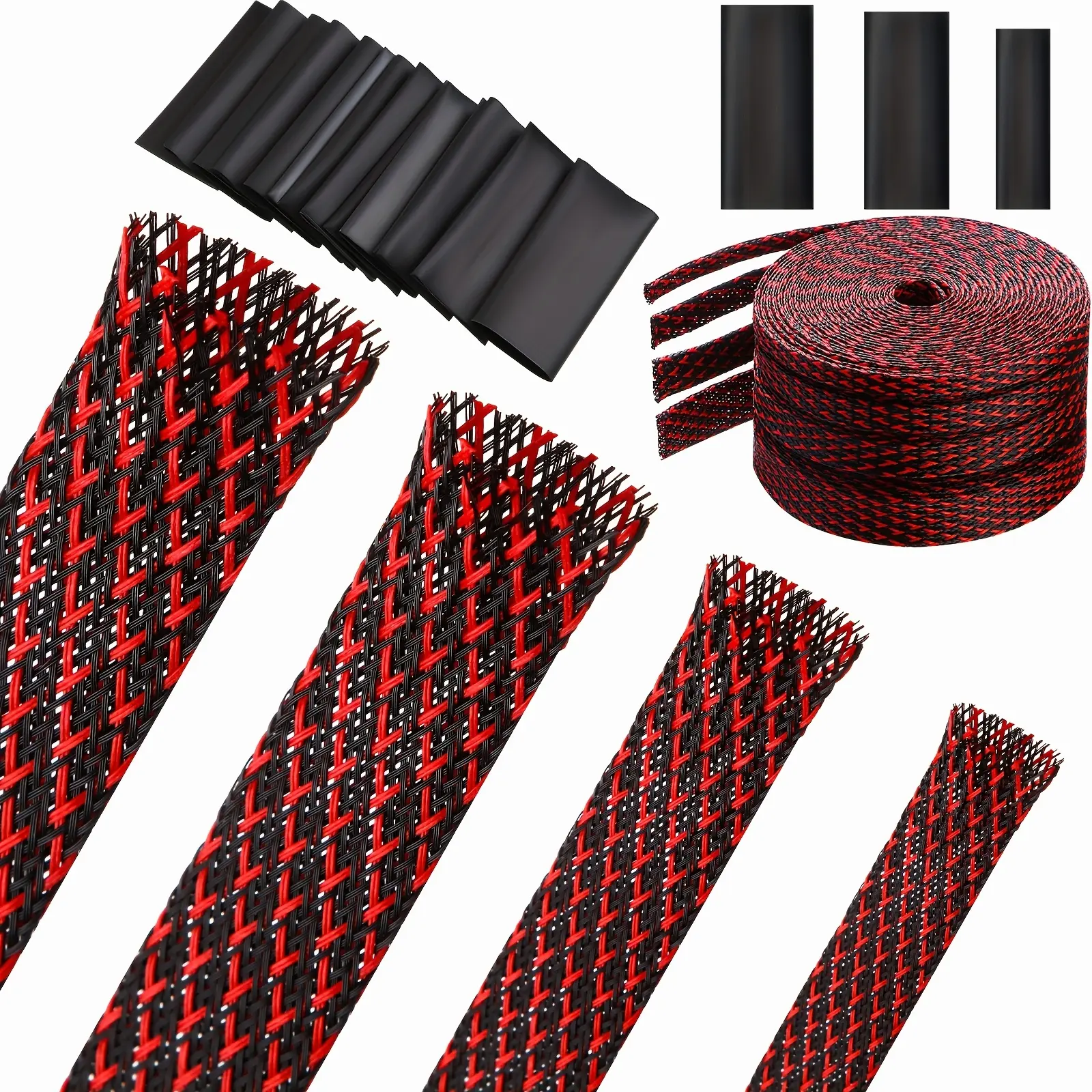 65.6 Ft Expandable Braided Cable Sleeve Multi Size Braided Wire Sleeve With 120pcs Heat Shrink Tubing For Television Audio Computer Cables Video Pets, 1/4 In, 2/5 In, 1/2 In, 3/4 In(Red, Black)