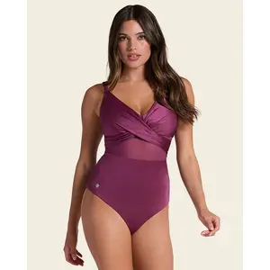 New Drops Leonisa GlowForm One Piece Swimsuit with Criss Cross Neckline and Tulle - Slimming Tummy Control