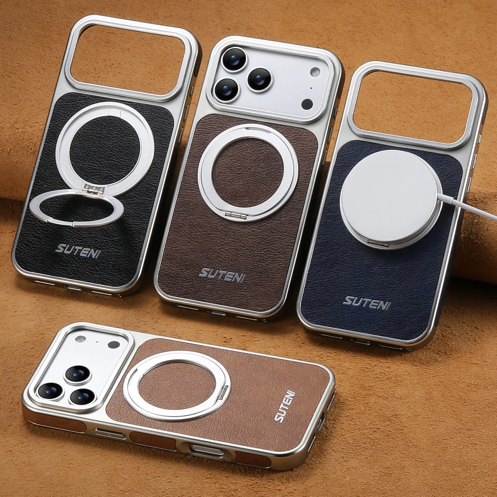 HAY SUTENI Faux Leather Magnet Wireless Charging Phone Case 360° Rotating Stand Ring Buckle Frosted Feel For iPhone 17 Pro Max 16 15