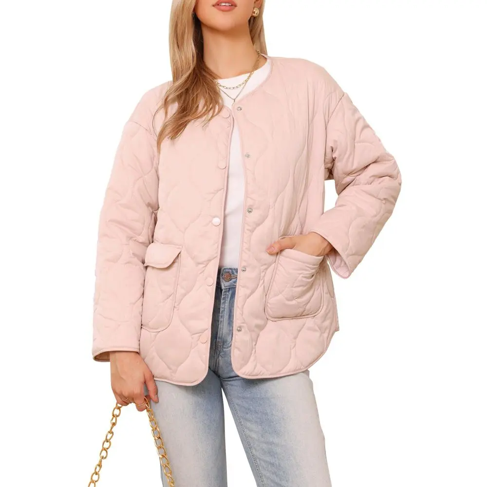 INSPIRE CHIC Women's Button Down Lightweight Trendy Casual Outerwear Winter Puffer Quilted Jacket with Pockets Large Gray Pink, School, Leggings, Tops