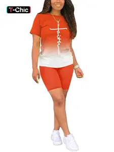 Two-piece Set Women's Ombre Gradient Letter Print Short Sleeve Jersey Tee & Elastic Waist Shorts Set, Casual Chic Style Round Neck T-shirt & Skinny Fitted Shorts, Summer Outfits Clothes Set for Women Womenswear Lady