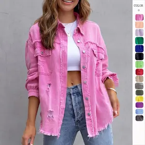 2025 new European and American style mid length raw edge ripped denim jacket for women autumn and winter long sleeve casual lapel top