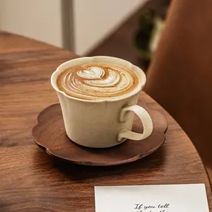 Aesthetic Ceramic Coffee Cup with Wooden Saucer, Vintage Minimalist Espresso Latte Cup for Home, Cozy Morning Coffee Mug Gift for Women Matte Drinkware