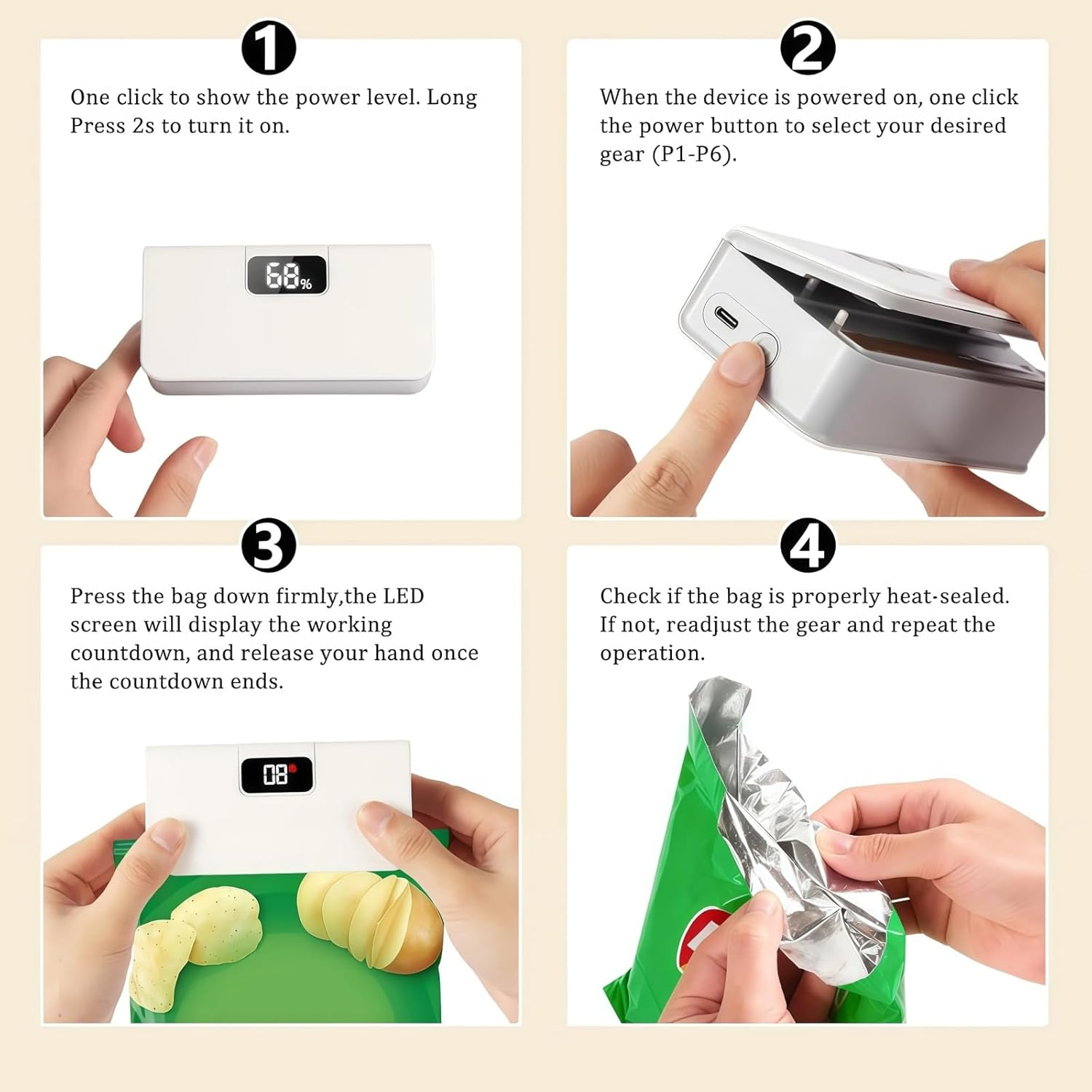 Portable Snack Bag Sealer – USB-C Rechargeable Heat Sealer with Magnetic Base, One-Touch Sealing, Adjustable Temperature & Cutter, Perfect for Kitchen Storage, Camping, Coffee & Pet Supplies