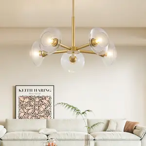 26" Modern Gold 5-Light Sputnik Chandelier with Clear Glass Shades, Mid-Century Design, Bulb Not Included for Dining Room, Living Room, or Kitchen