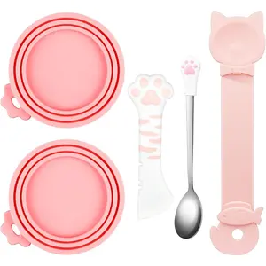 5 PCS Cat Food Can Covers Lids Set, Silicone Pet Food Can Lids with Multi-Function Cat Food Spoon and Can Opener, Cat Bar Spoon Squeezer, Stainless Steel Wet Food Spoon for Cats and Dogs