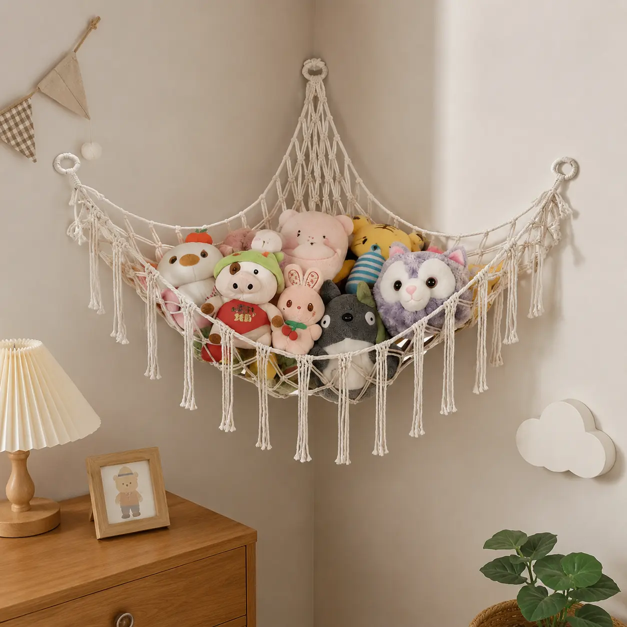 Boho Stuffed Animal Storage Hammock, for Nursery & Play Room Interior Decoration, 55in Hangable Corner Toy Net, Durable Cotton Plush Toy Organizer, Space Saving Wall Storage Solution