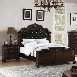 3-Piece Traditional Antique Cherry Queen Size Bedroom Set, Gorgeous Bed with Plush Synthetic Leather Headboard, 2 Bedside Tables